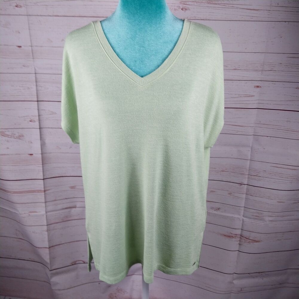Orvis Green V-Neck Tunic Top Womens Sz Medium Short Sleeve Lagenlook Minimalist